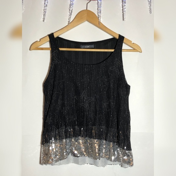 ✨SILVERY STARS PRINT BLING BLACK SLEEVES TANK - Picture 2 of 5